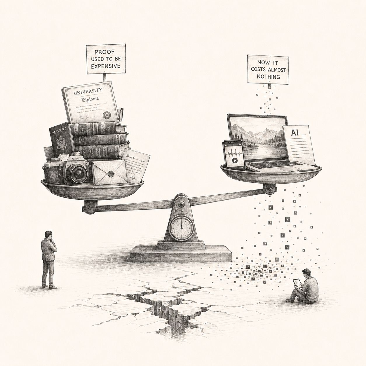 An illustrated balance contrasts costly traditional proof with nearly free AI-generated media