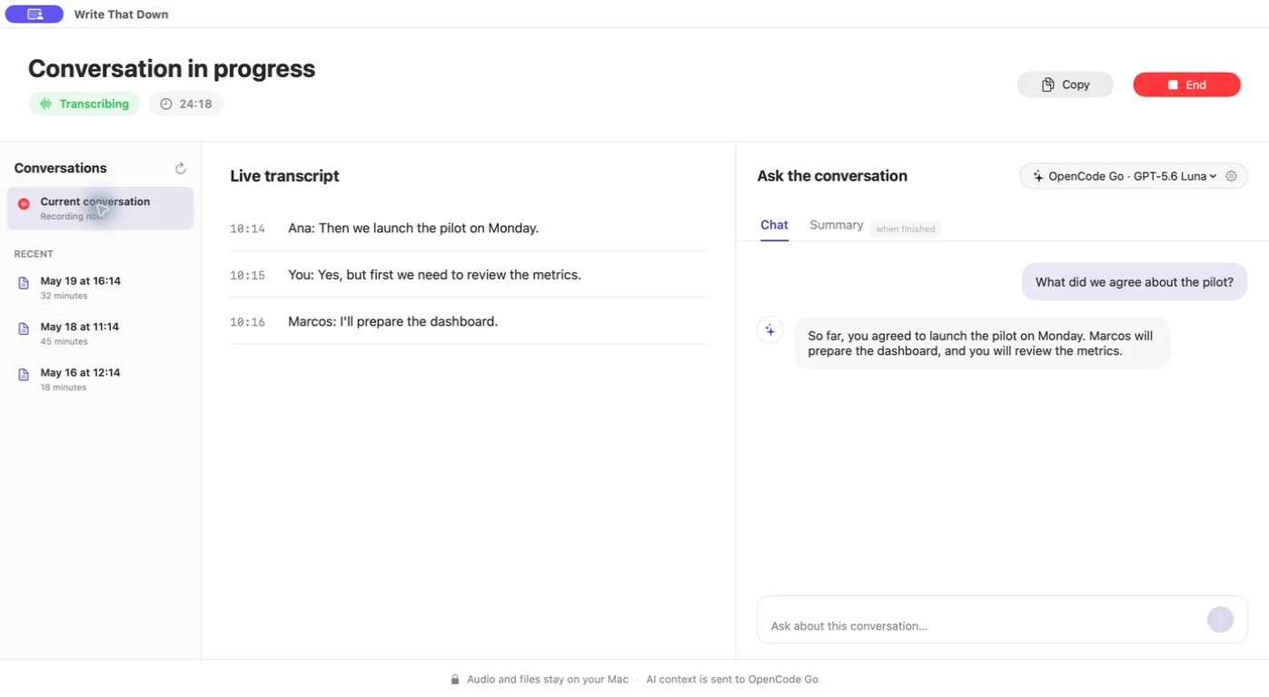 Write That Down showing an active conversation with a live transcript, recent recordings, and an AI-assisted question and answer panel.
